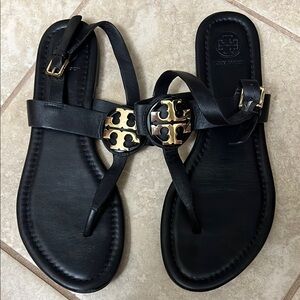 Tory Burch Black Leather Sandals with Gold Logo
